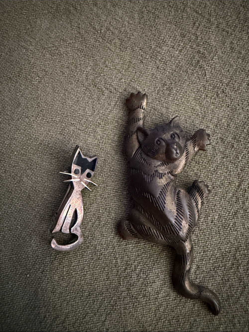 Whimsical Cat Brooch Set in Antique Brass and Black